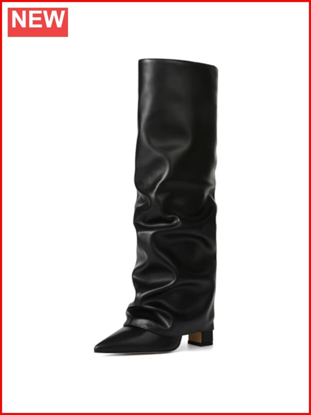 Women's Slouchy Knee High Boots Pointed Toe Fold Over Chunky Heel PU
